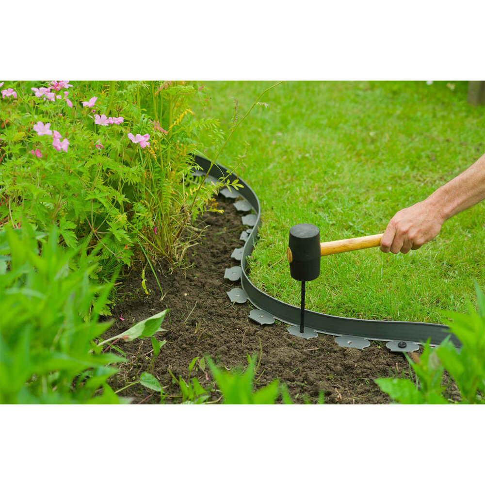 Borderrandset H5 cm x 10 m met grondpennen grijs