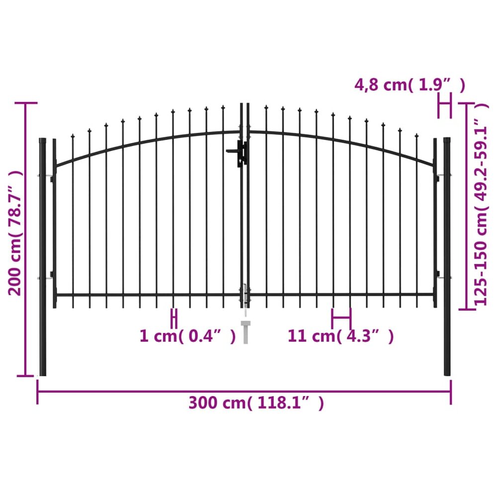 Poort met puntige bovenkant dubbel 3x1,5 m staal zwart