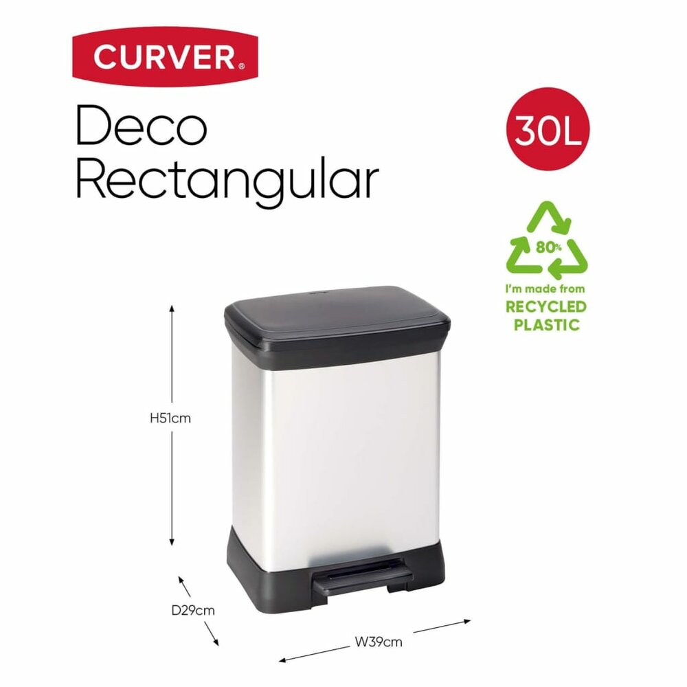 Pedaalemmer Deco rechthoekig 30 L zilverkleurig