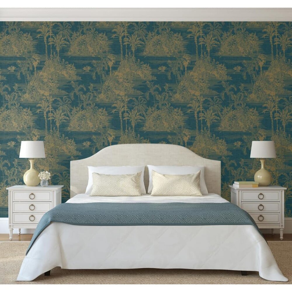 Behang Tropical donkerblauw en goudkleurig