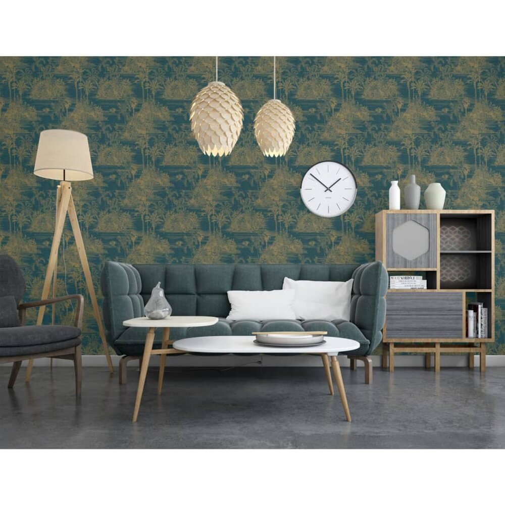 Behang Tropical donkerblauw en goudkleurig