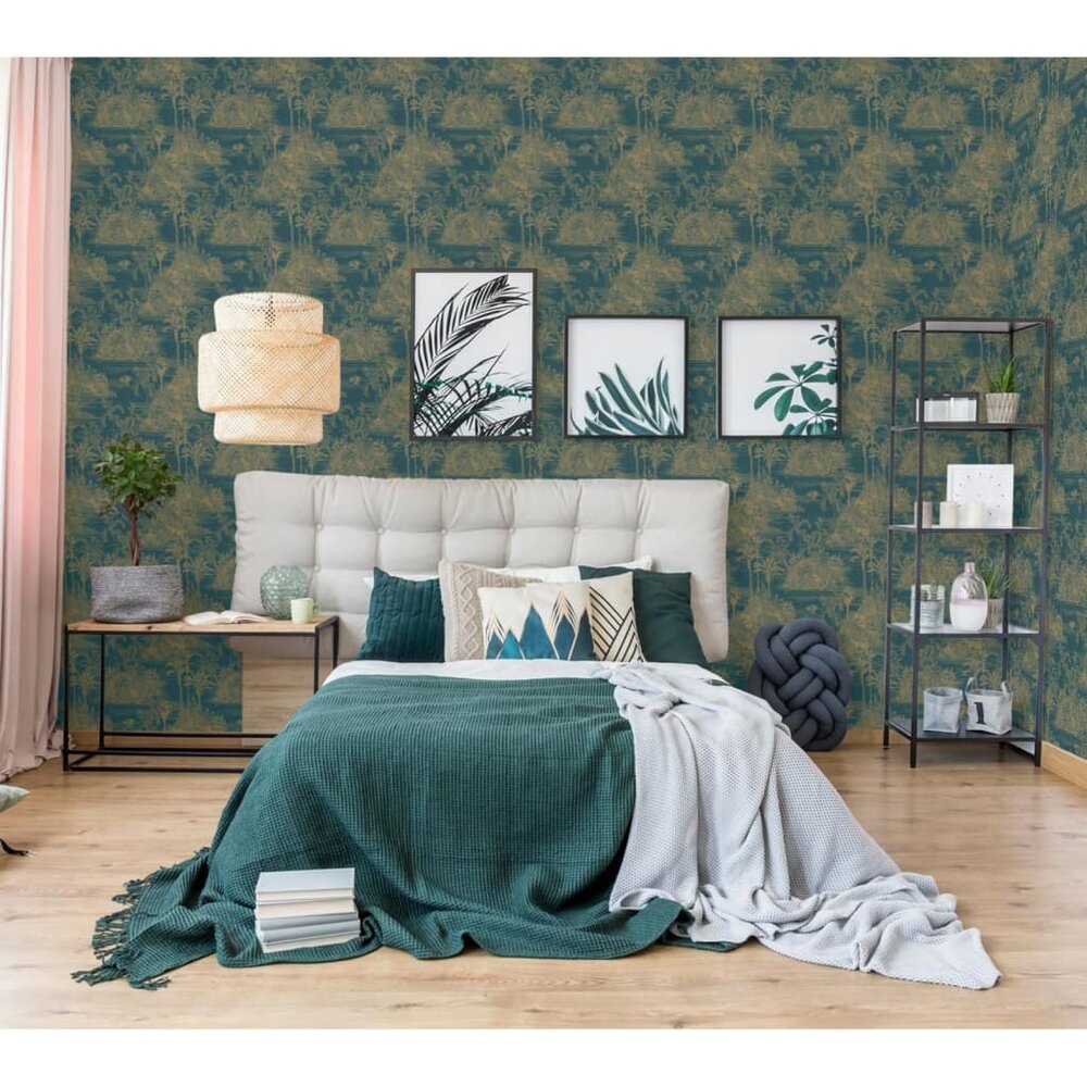 Behang Tropical donkerblauw en goudkleurig