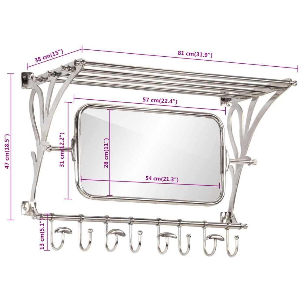 Bagagerek met kleerhangers en spiegel wandmontage aluminium