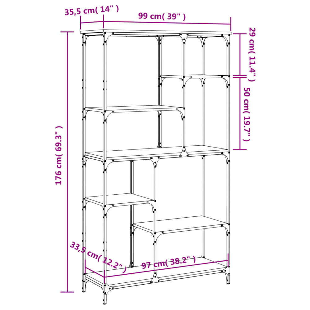 Boekenrek 99x35,5x176 cm bewerkt hout en staal sonoma eiken