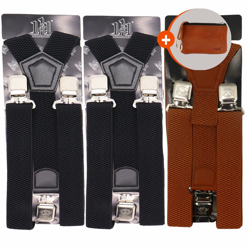 Bretels Heren - 3 Clips Bretels - 3 Stuks - Y Model Zwart;Zwart en Licht Bruin