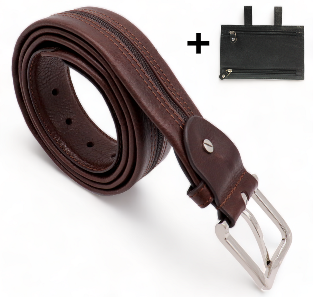 Moneybelt  - Gratis Leren Riemtasje - Bruin Riemtasje - Riem Met Rits - Riem Met Geheimvak 115