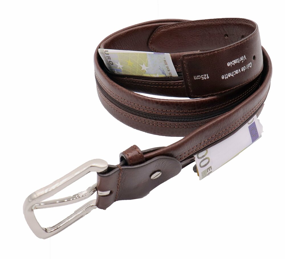 Moneybelt  - Gratis Leren Riemtasje - Bruin Riemtasje - Riem Met Rits - Riem Met Geheimvak 115