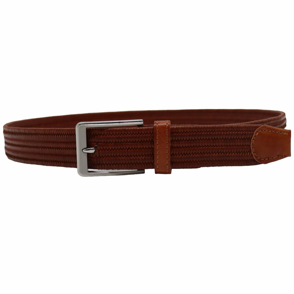 Riem Gevlochten - Leer Gevlochten Riem - Elastische Broekriem - Cognac 105/120