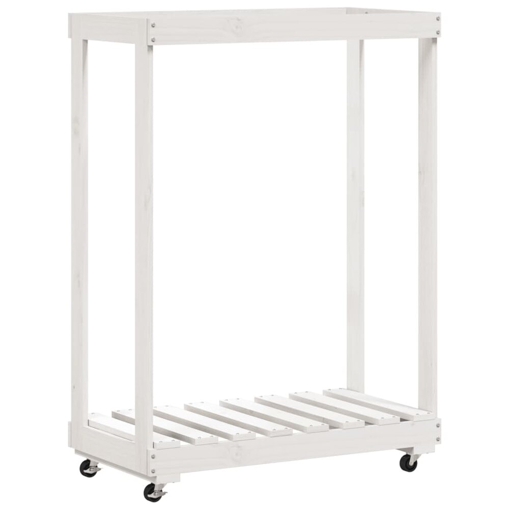 Houtblokhouder met wielen 76,5x40x108 cm massief grenenhout wit