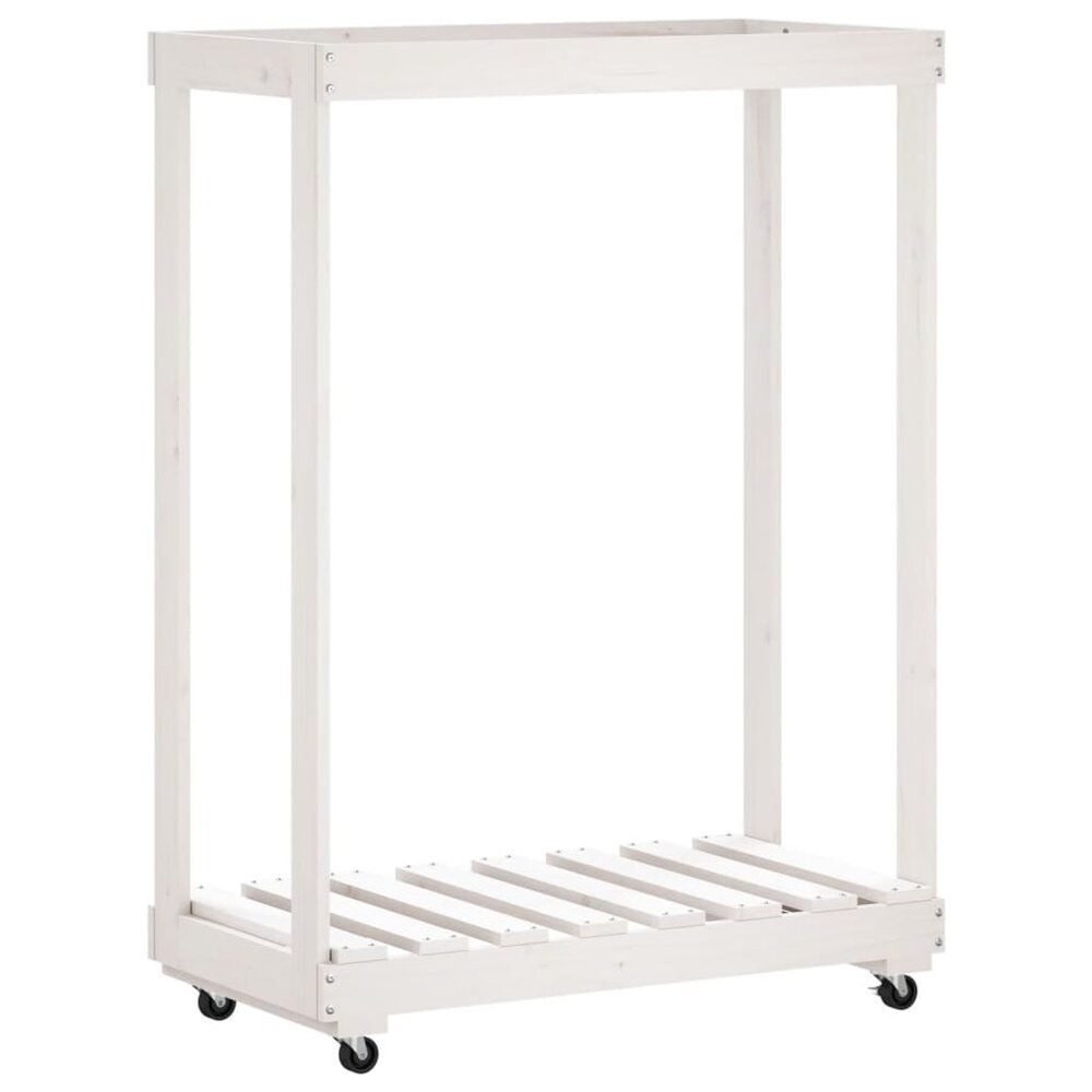 Houtblokhouder met wielen 76,5x40x108 cm massief grenenhout wit