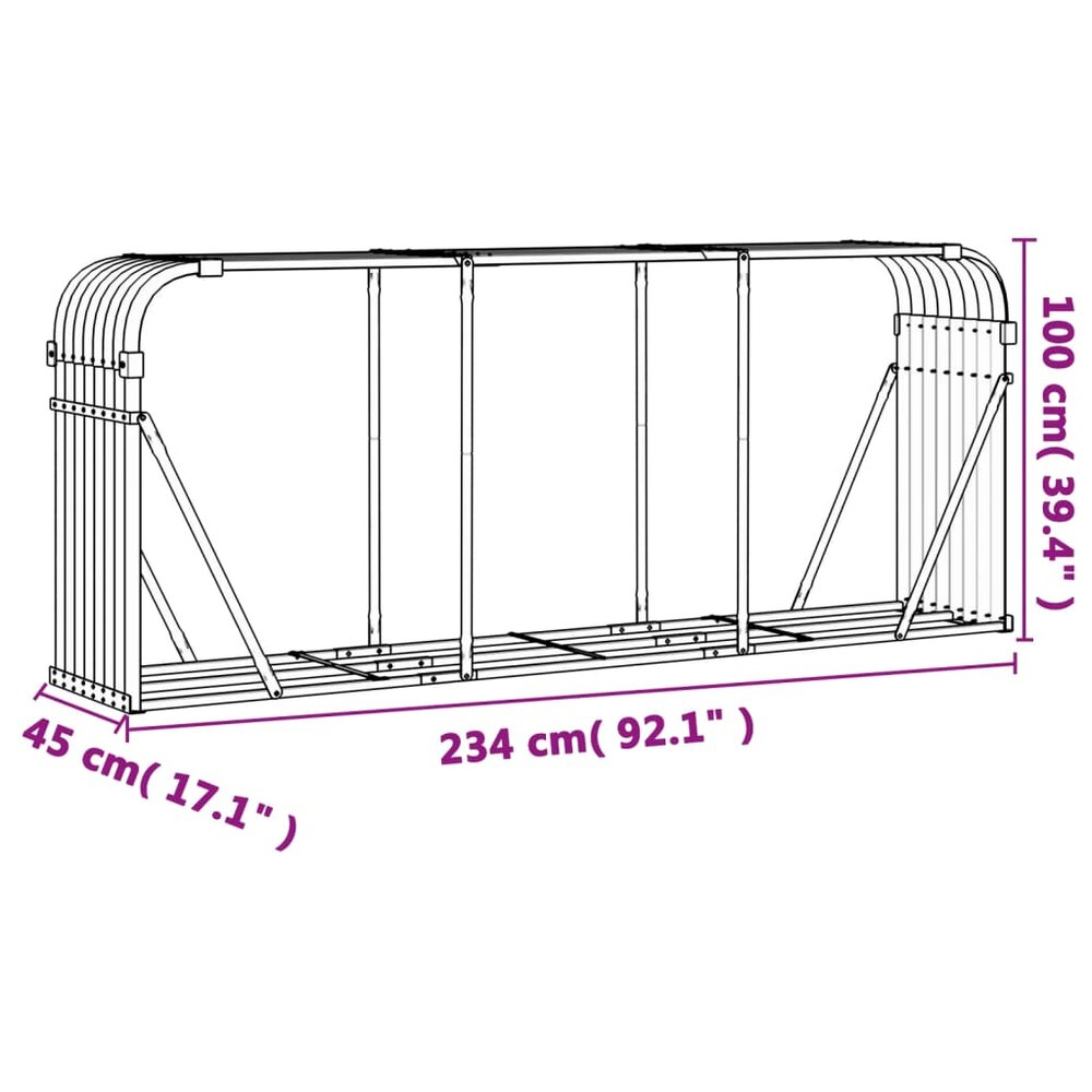 Haardhoutopslag 234x45x100 cm gegalvaniseerd staal lichtbruin