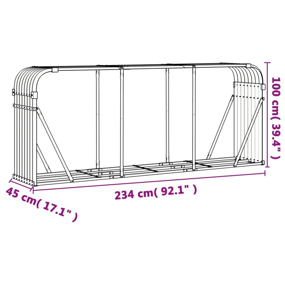 Haardhoutopslag 234x45x100 cm gegalvaniseerd staal zilverkleur
