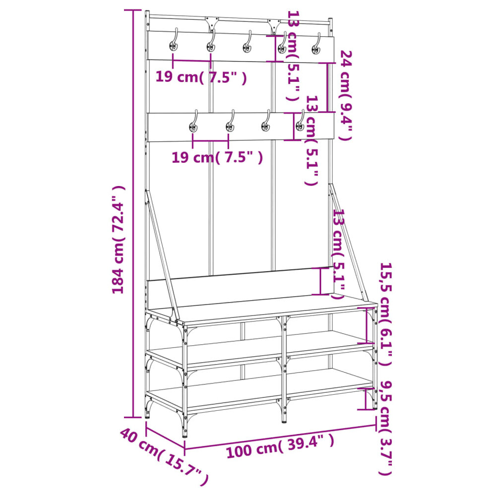 Kledingrek met schoenenrek 100x40x184 cm sonoma eikenkleurig