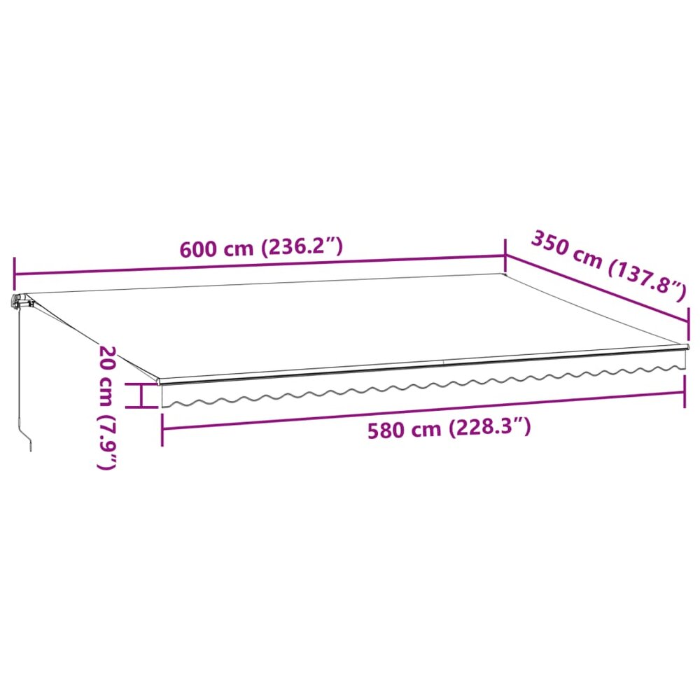 Luifel handmatig uittrekbaar met LED&#039;s 600x350 cm bordeauxrood