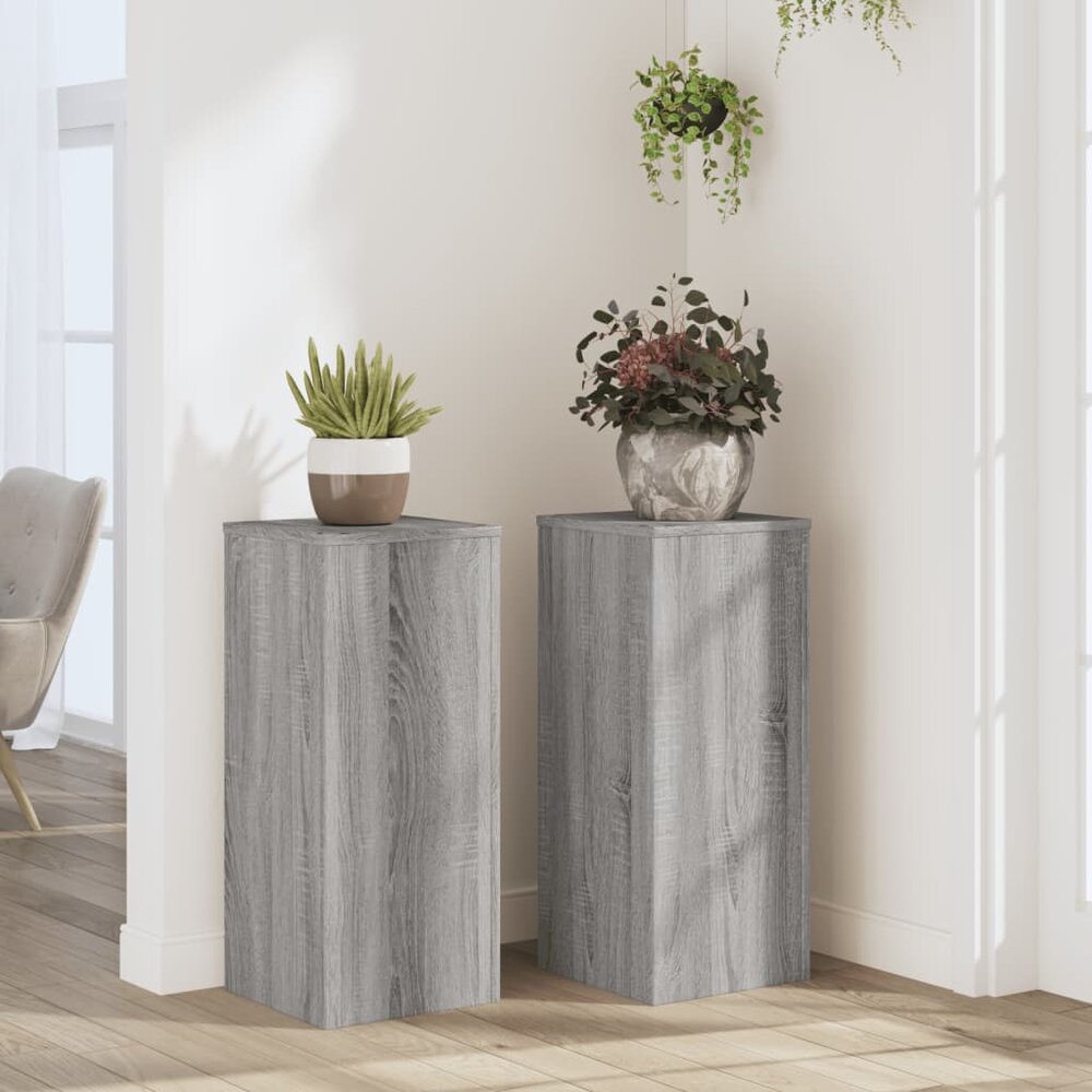 Plantenstandaards 2 st 30x30x70 cm bewerkt hout grijs sonoma
