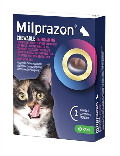 Krka Milprazon Kauwtabletten Ontwormingstabletten Kat &gt;2 KG 16 MG/40 MG 2 TBL
