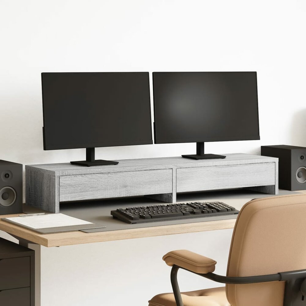 Monitorstandaard met lades 100x27x15 cm hout grijs sonoma eiken