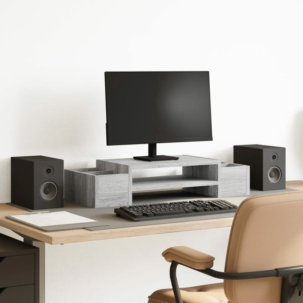 Monitorstandaard met opbergruimte 70x27x15 cm hout grijs sonoma