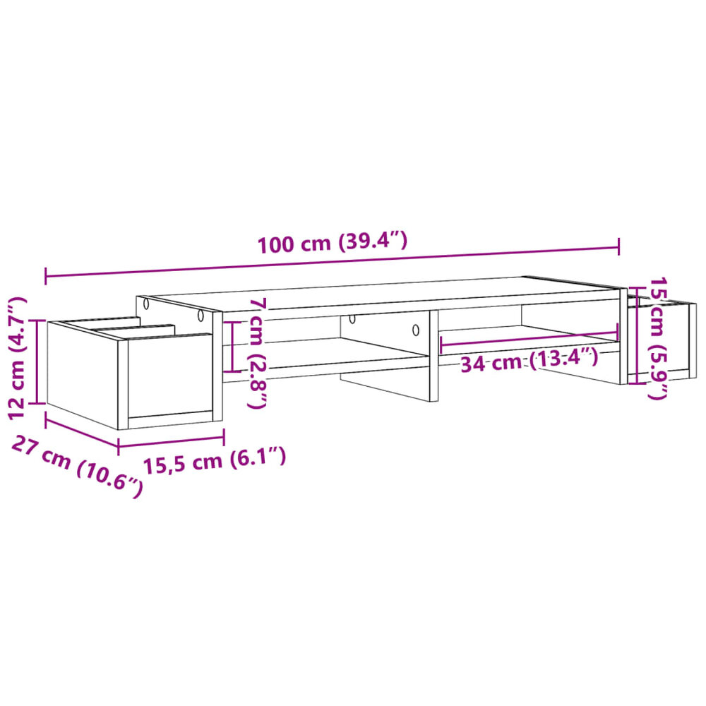 Monitorstandaard opbergruimte 100x27x15 cm hout grijs sonoma