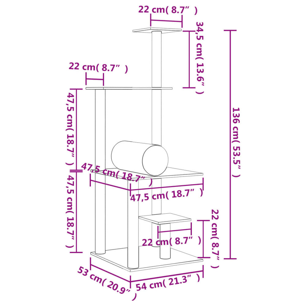 Kattenmeubel met sisal krabpalen 136 cm cr&egrave;mekleurig