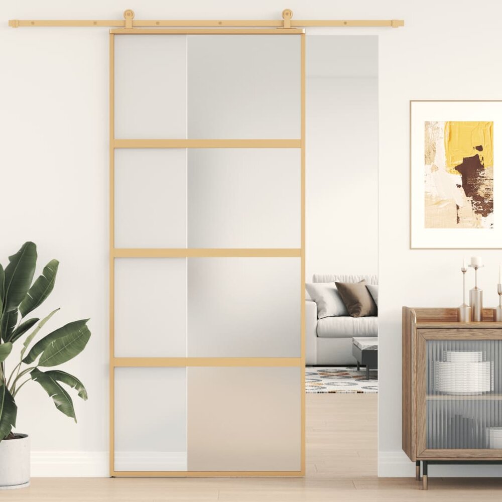 Schuifdeur 90x205 cm mat ESG-glas en aluminium goudkleurig