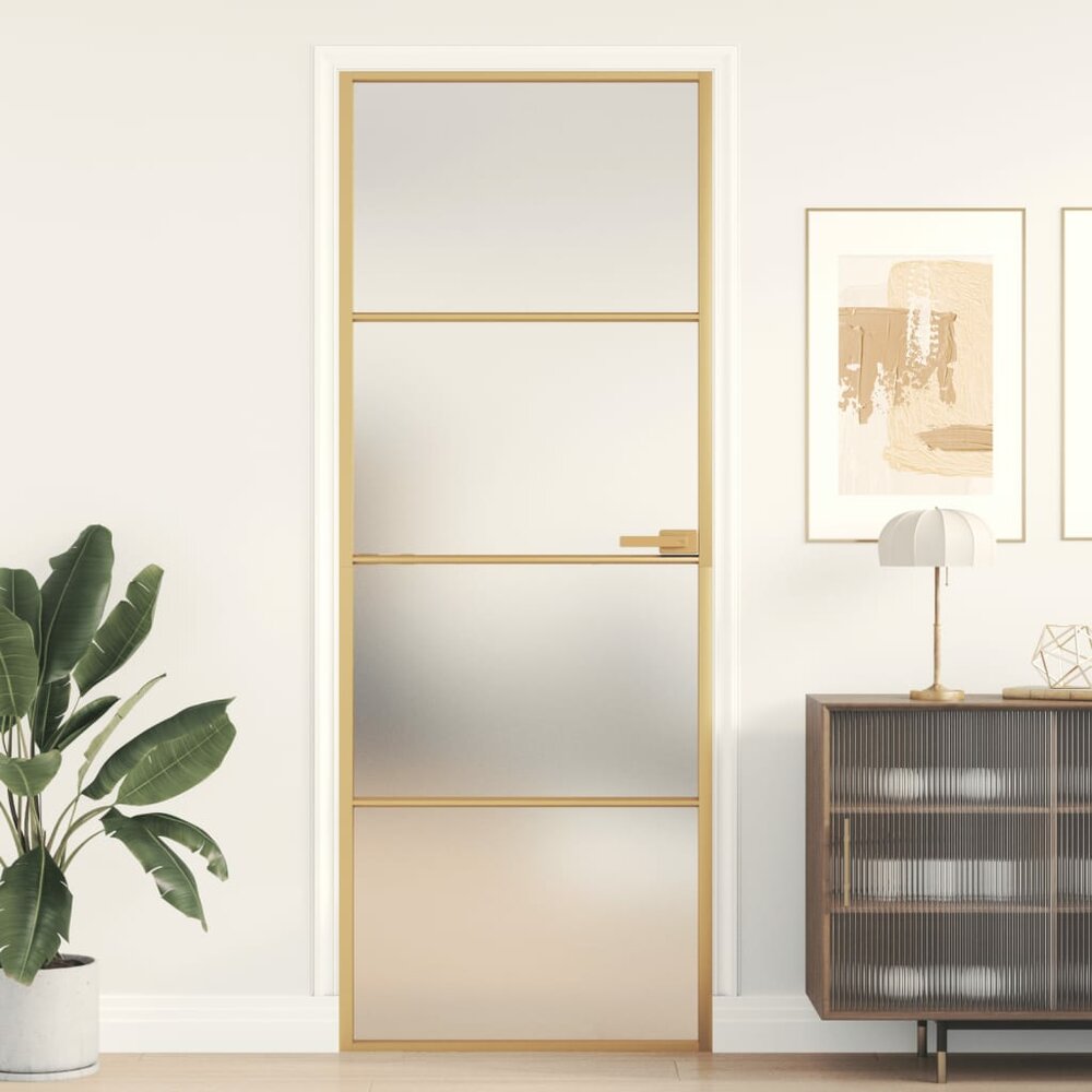 Binnendeur smal 76x201,5 cm gehard glas en aluminium goudkleur