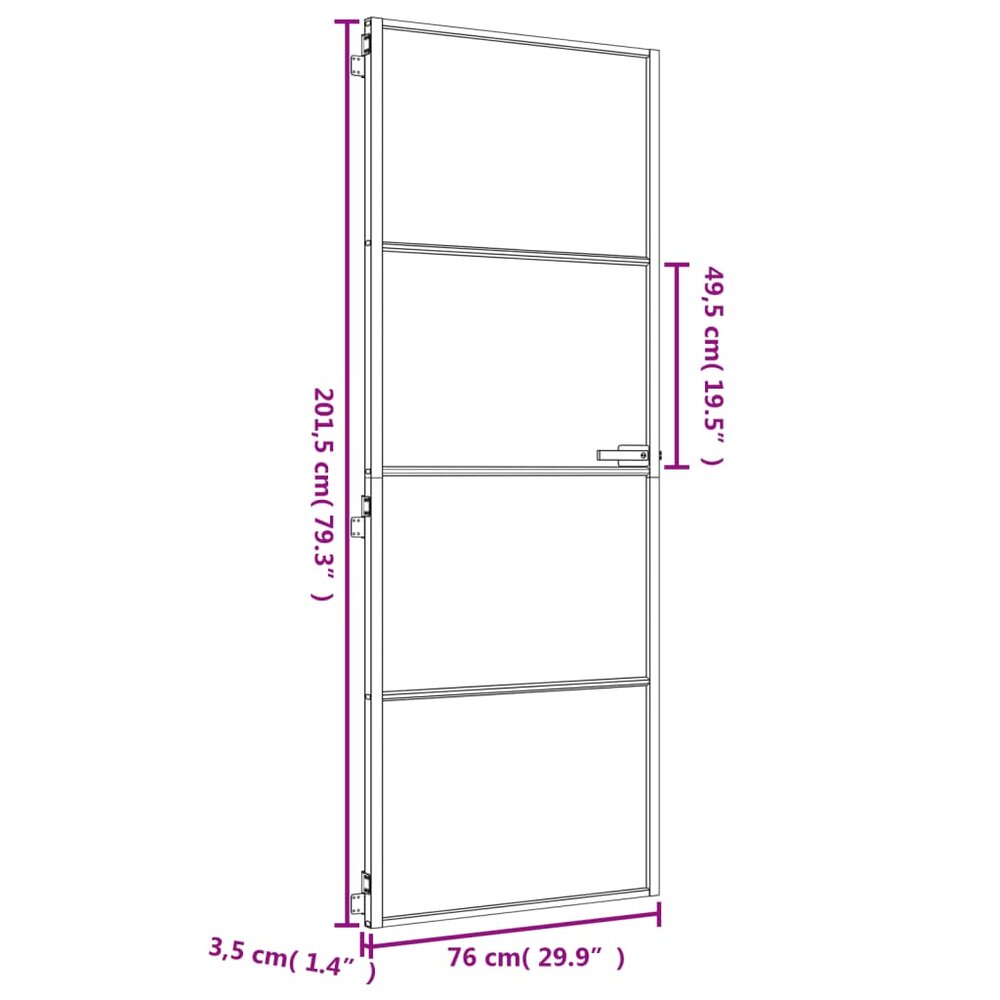 Binnendeur smal 76x201,5 cm gehard glas en aluminium goudkleur