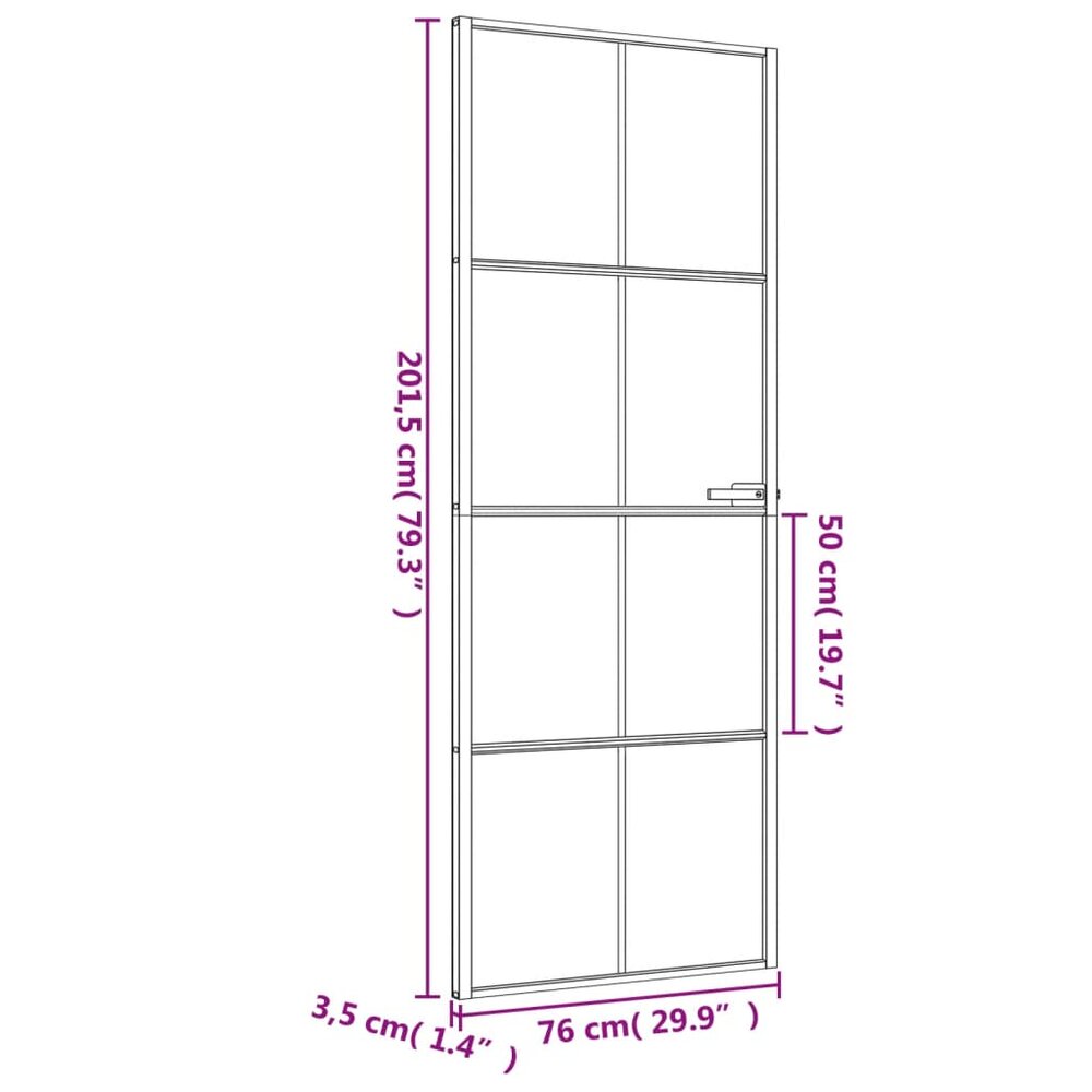 Binnendeur smal 76x201,5 cm gehard glas en aluminium zwart
