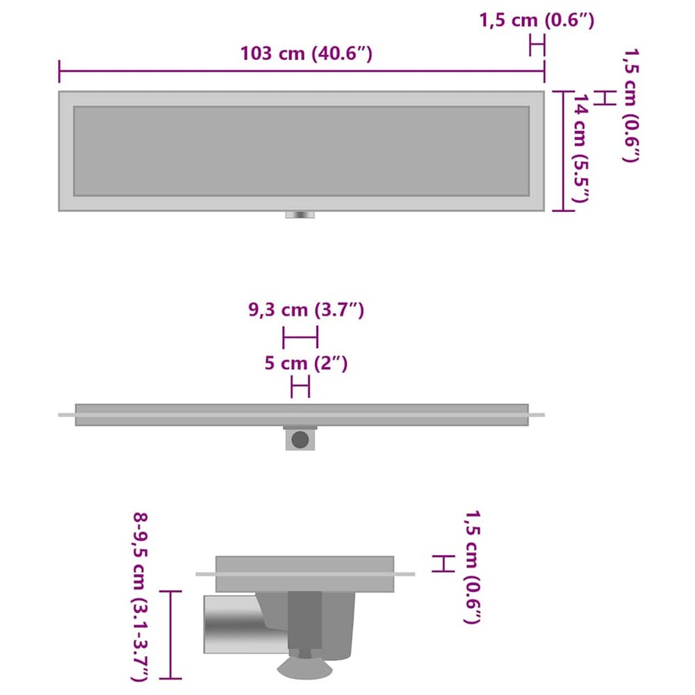 Doucheafvoer met 2-in-1 deksel 103x14 cm roestvrij staal