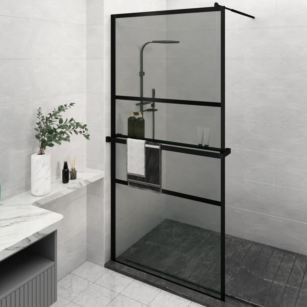 Inloopdouchewand met schap 115x195 cm ESG-glas aluminium zwart