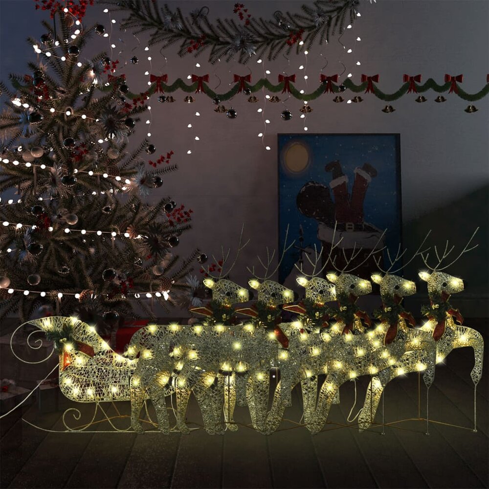 Buitenkerstversiering rendieren en slee 140 LED&#039;s goudkleurig