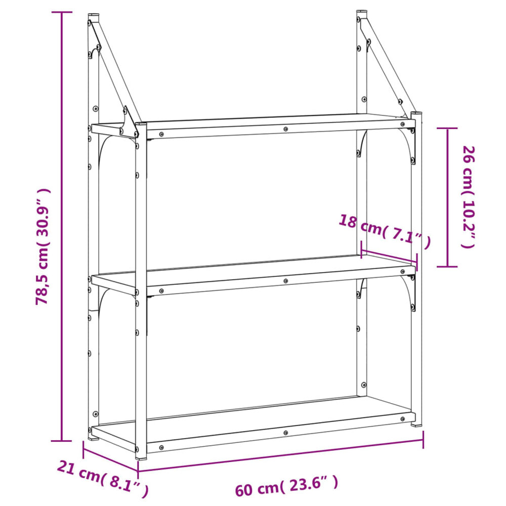 Wandrek 3-laags 60x21x78,5 cm bewerkt hout zwart