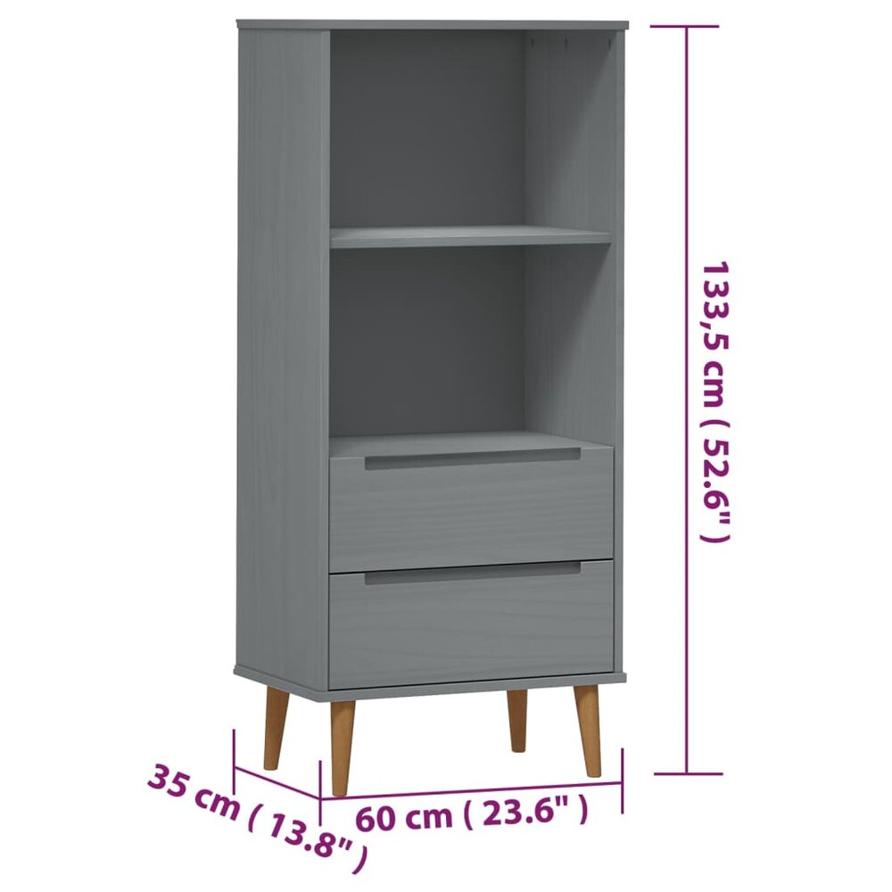 Boekenkast MOLDE 60x35x133,5 cm massief grenenhout grijs