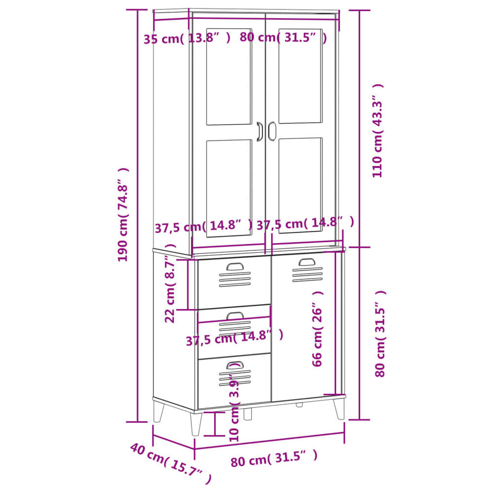 Hoge kast VIKEN 80x40x190 cm massief grenenhout zwart