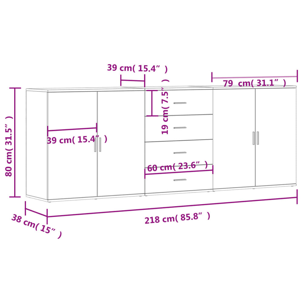Dressoirs 3 st bewerkt hout zwart