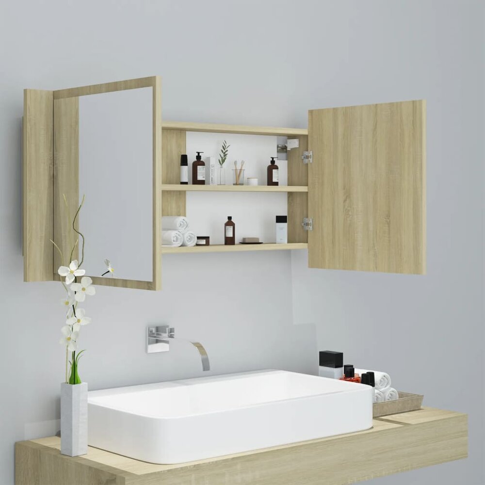 Badkamerkast met spiegel LED acryl sonoma eikenkleurig