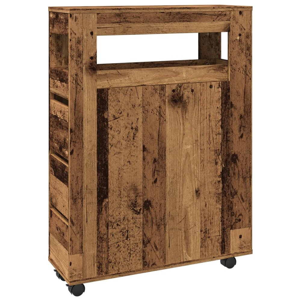 Badkamerkast smal met wielen bewerkt hout oud houtkleurig