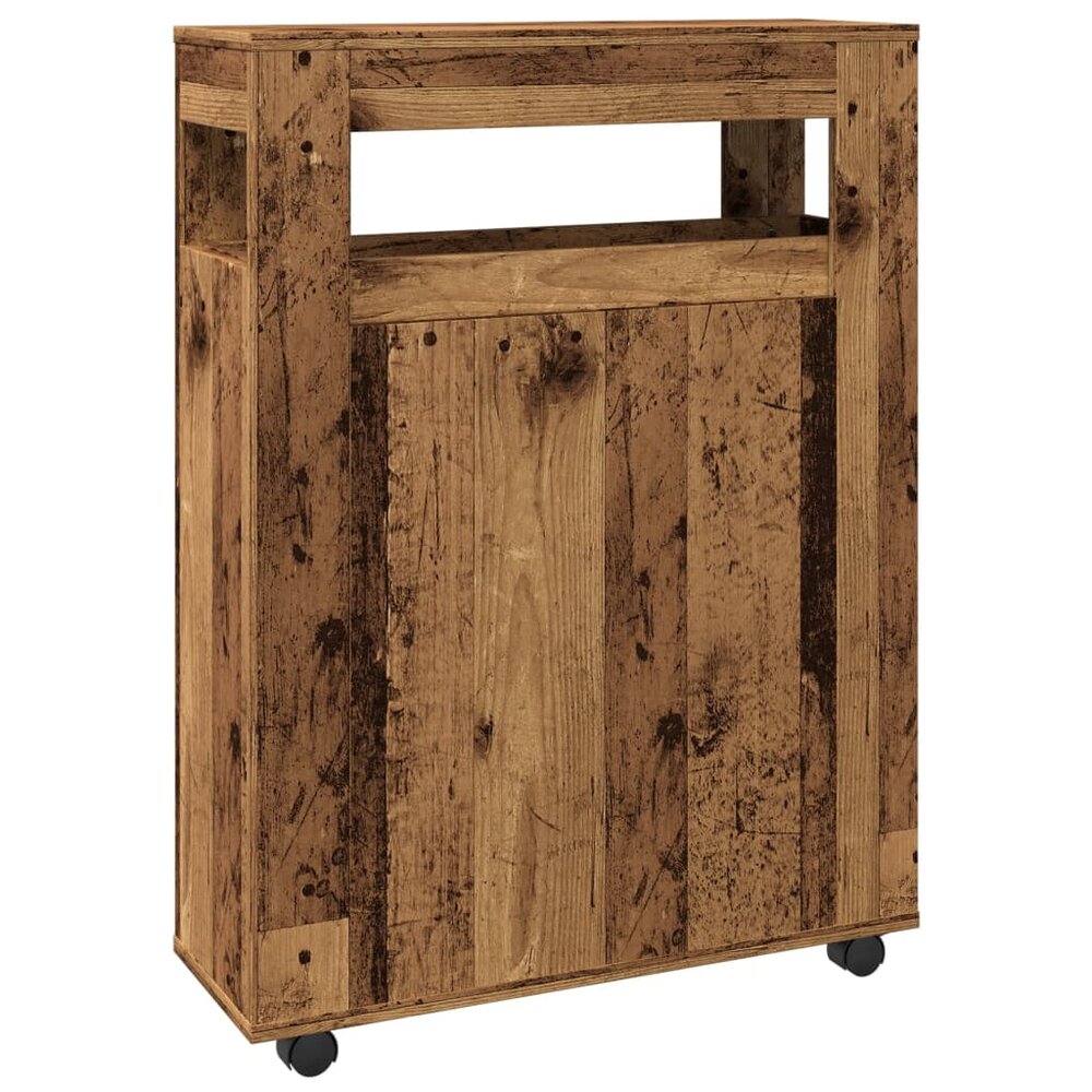 Badkamerkast smal met wielen bewerkt hout oud houtkleurig
