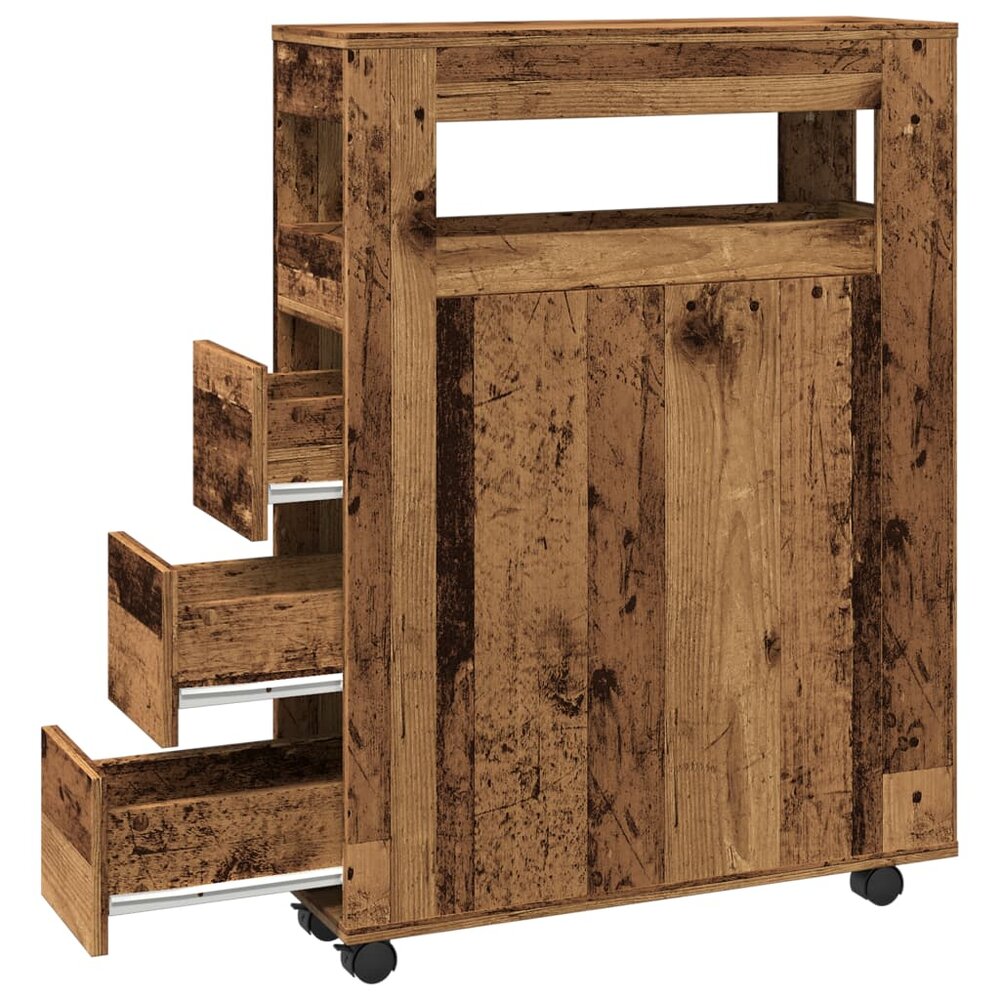 Badkamerkast smal met wielen bewerkt hout oud houtkleurig