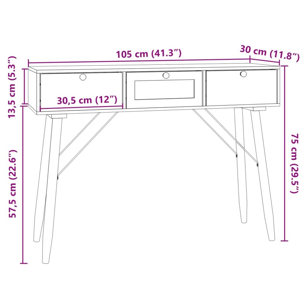 Wandtafel met lades 105x30x75 cm bewerkt hout