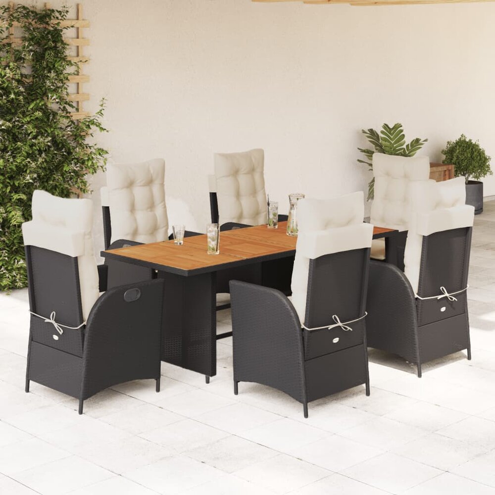 7-delige Tuinset met kussens poly rattan zwart