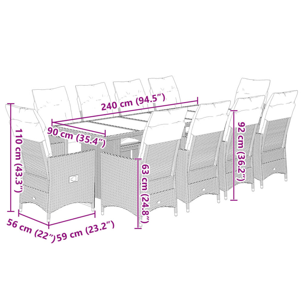 11-delige Bistroset met kussens poly rattan beige