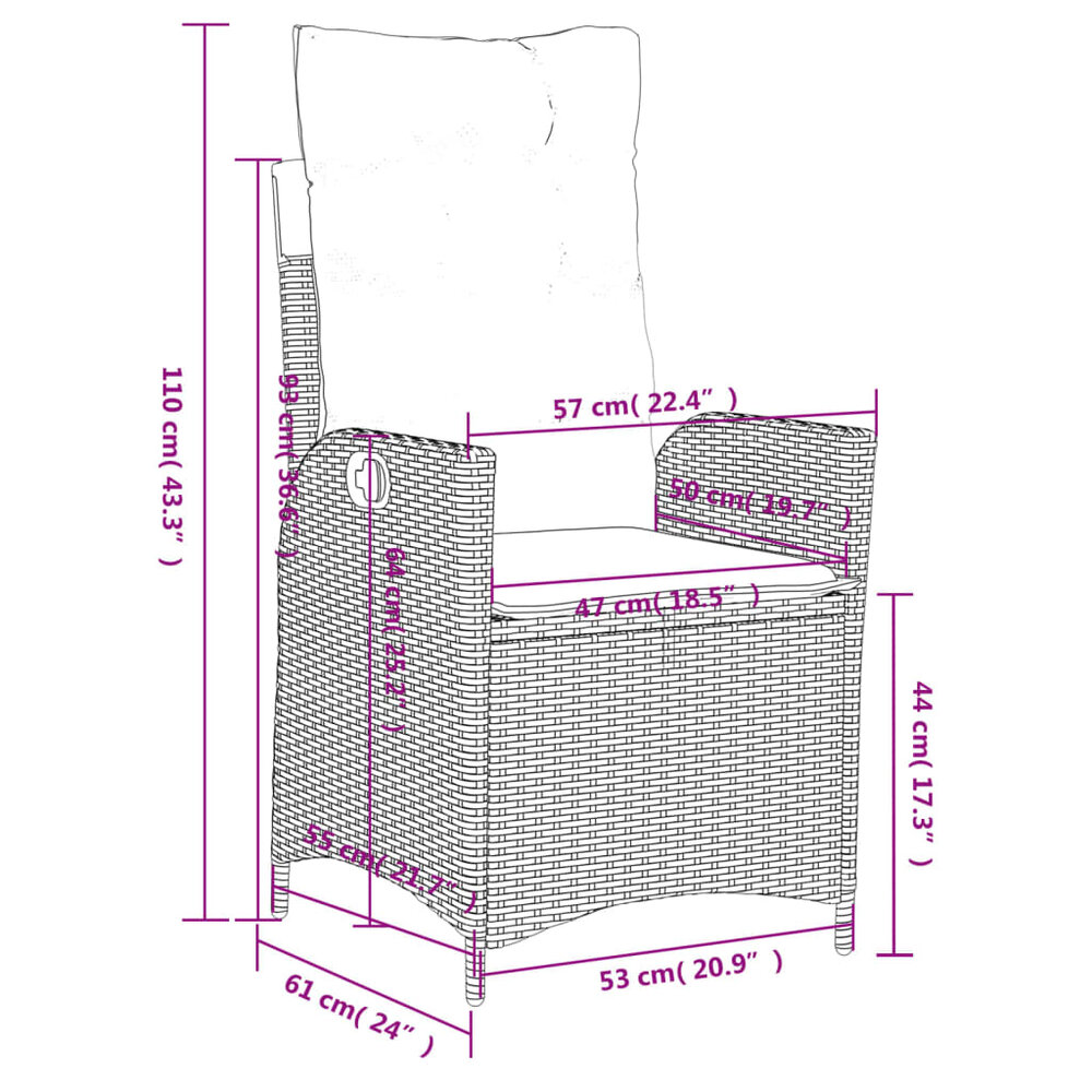 Tuinstoelen 2 st verstelbaar met kussens poly rattan lichtgrijs