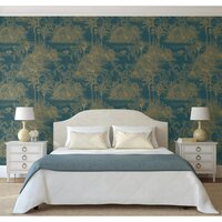 Behang Tropical donkerblauw en goudkleurig