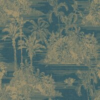 Behang Tropical donkerblauw en goudkleurig