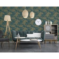 Behang Tropical donkerblauw en goudkleurig