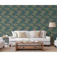 Behang Tropical donkerblauw en goudkleurig
