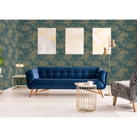 Behang Tropical donkerblauw en goudkleurig
