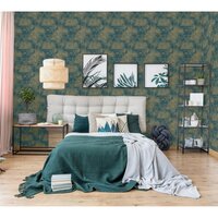 Behang Tropical donkerblauw en goudkleurig