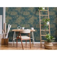 Behang Tropical donkerblauw en goudkleurig